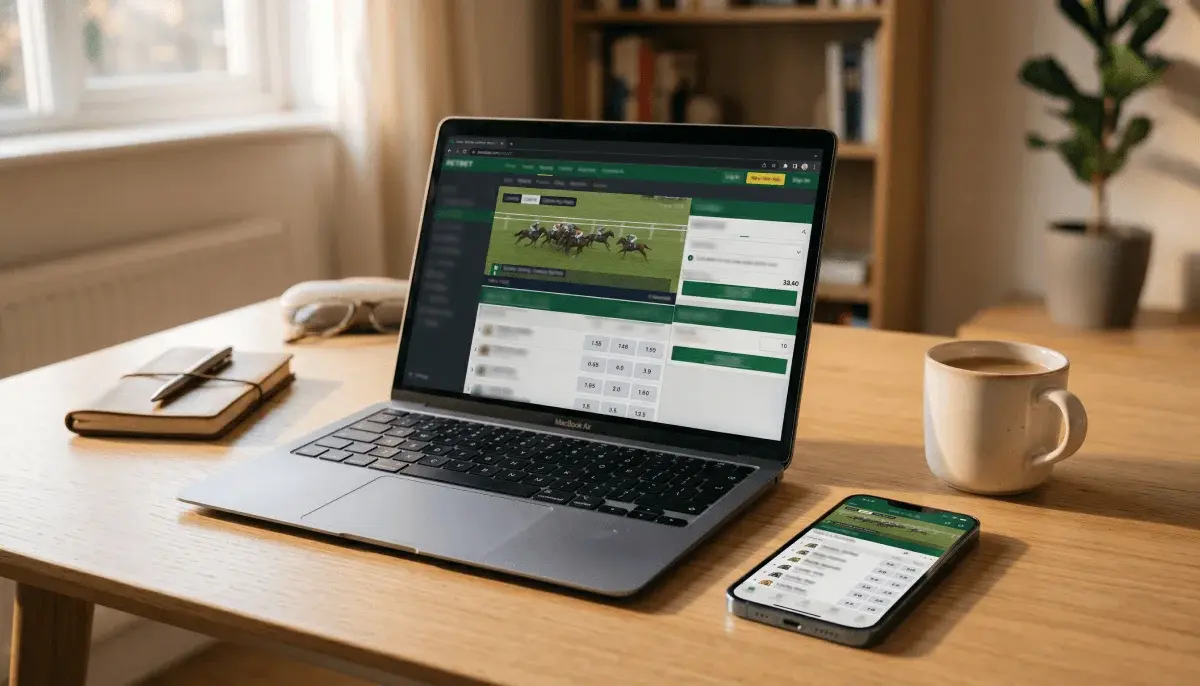Laptop og mobiltelefon med en hestevæddeløb-platform åben på skærmene