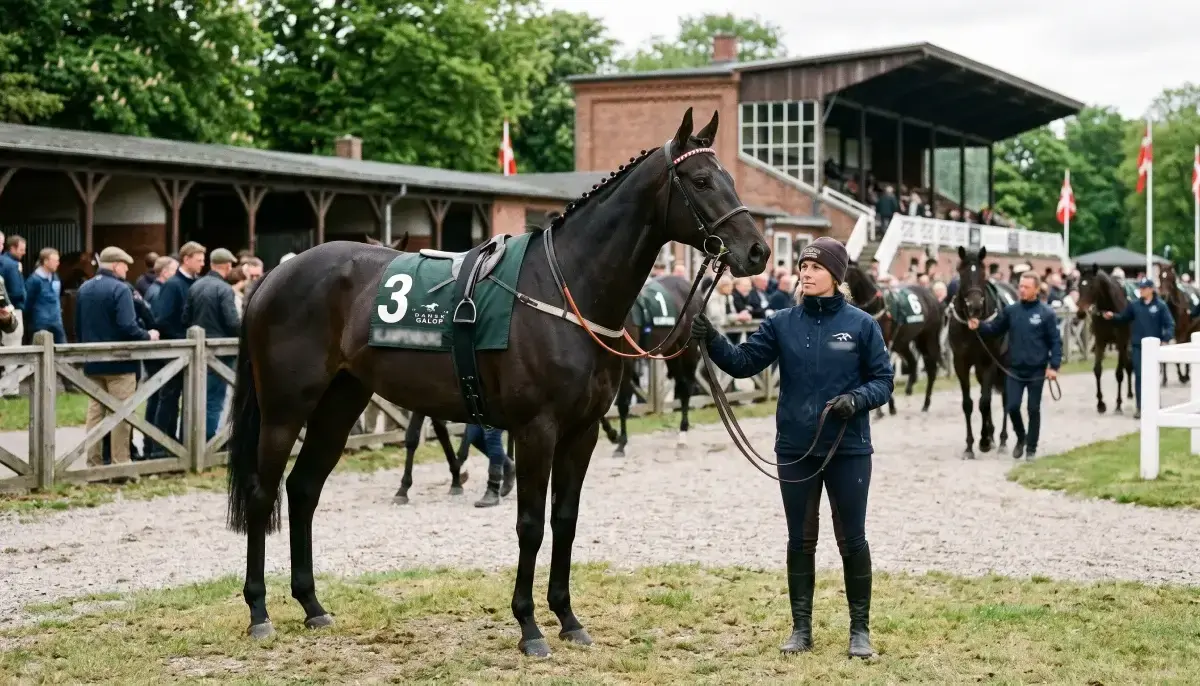 Mørk hest står i paddocken inden et løb på en dansk væddeløbsbane