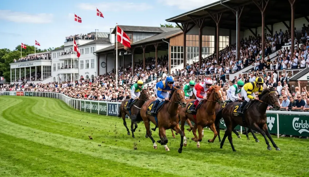 Galopløb på Klampenborg med jockeyer i farverige dragter på grønt græs