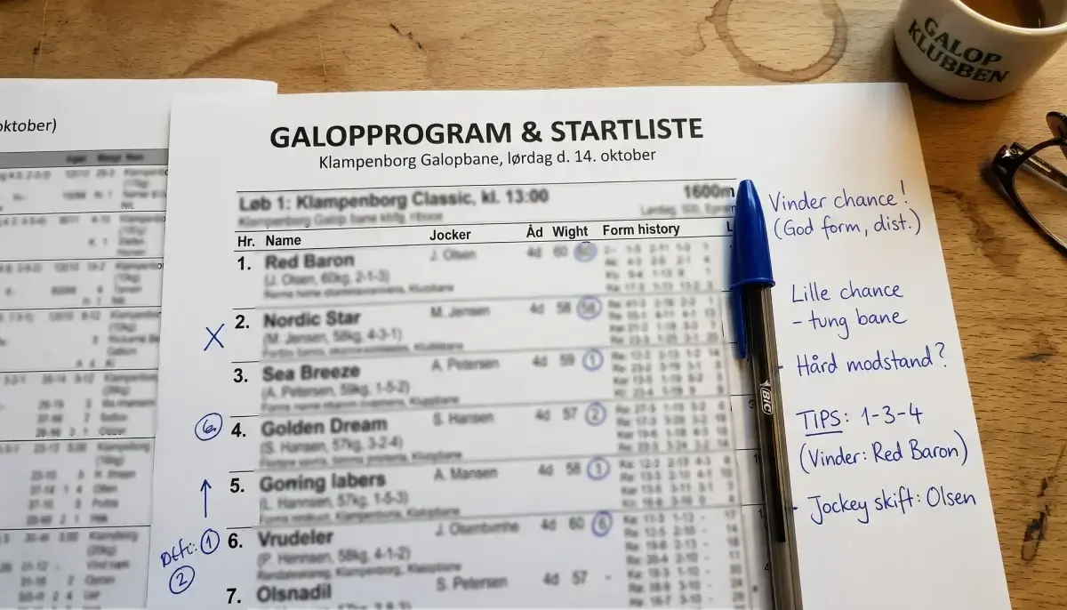 Startliste og formguide til dansk travløb med noter og kuglepen