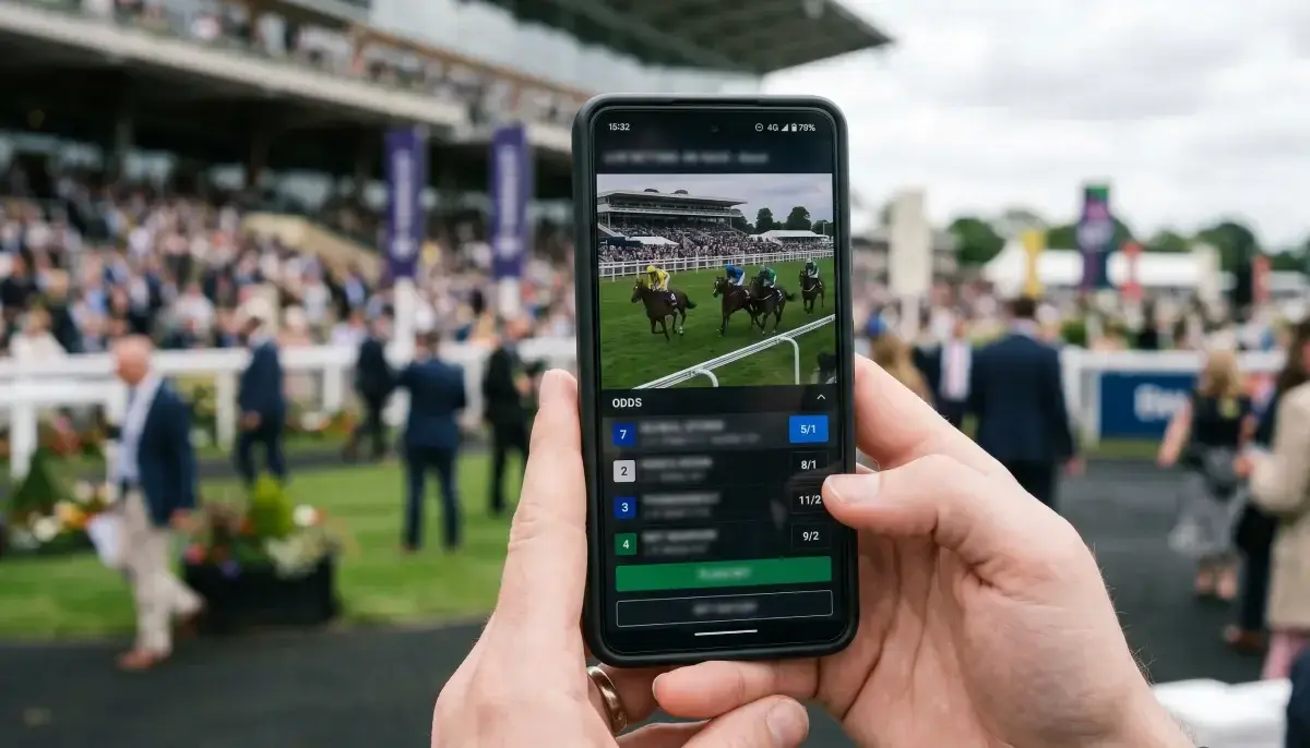 Mobiltelefon viser live streaming af et travløb med odds på skærmen