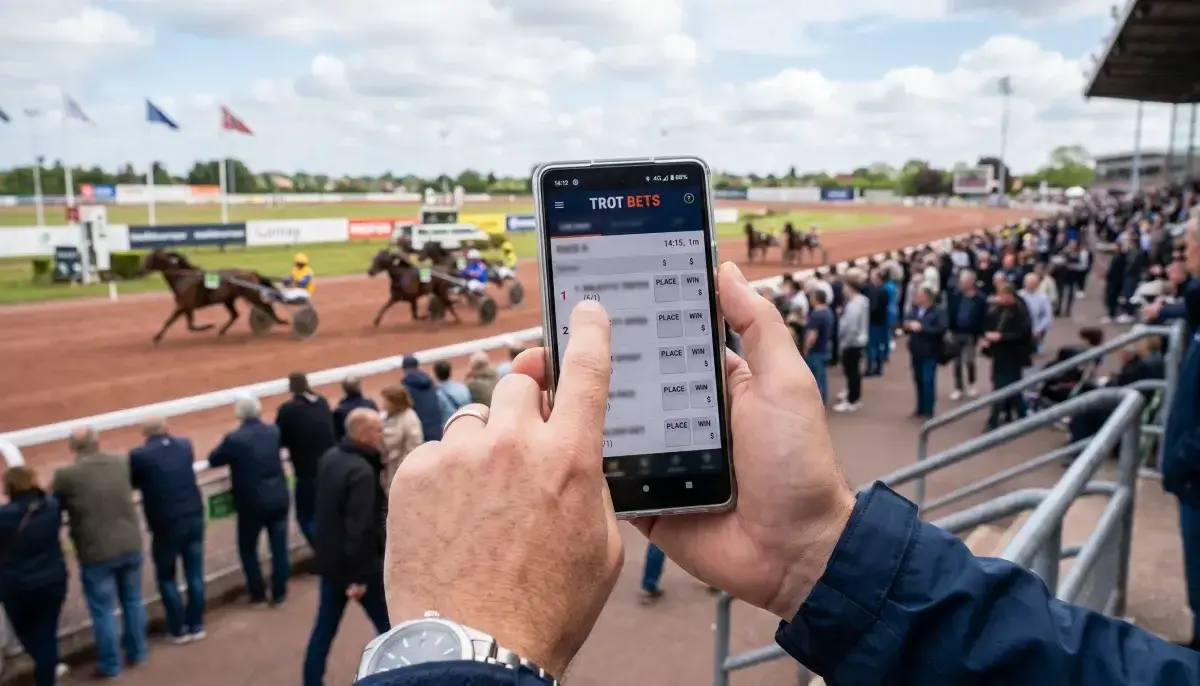 Hånd holder smartphone med hestevæddeløb-app åben ved en travbane