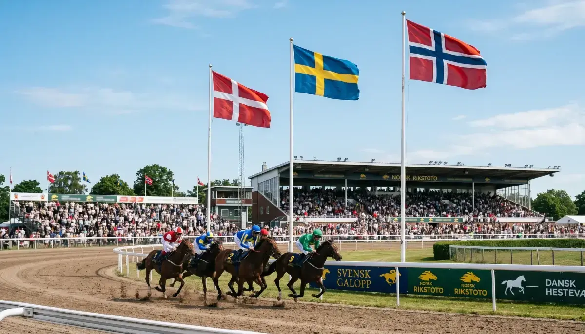 Tre skandinaviske flag ved en væddeløbsbane symboliserer sammenligning