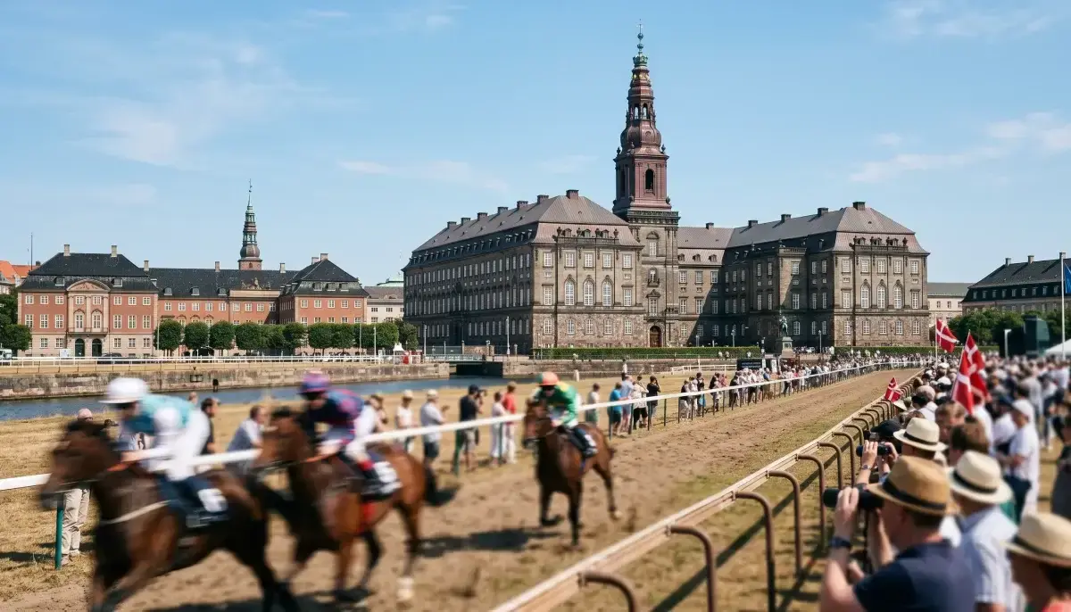 Dansk folketingsbygning Christiansborg med hestevæddeløb-tema i forgrunden