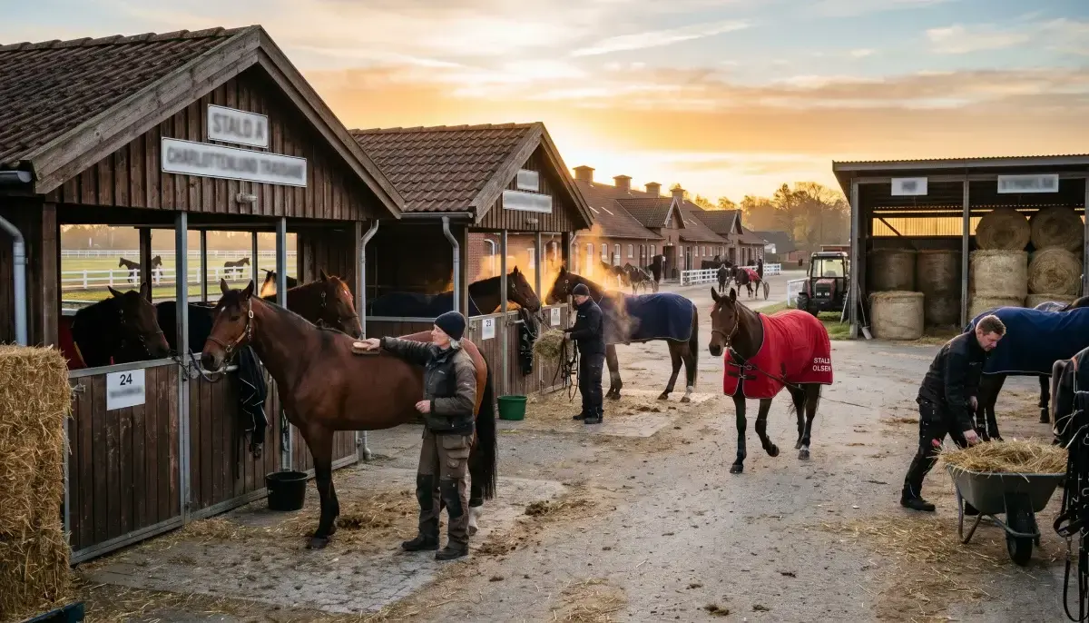 Staldområde ved en dansk travbane med heste og personale i morgenlys