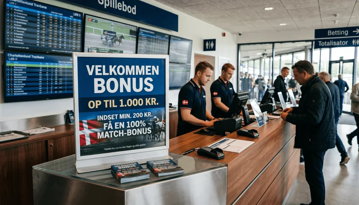 Velkomstbonus-skilt ved en dansk væddeløbsbanes spilleafdeling